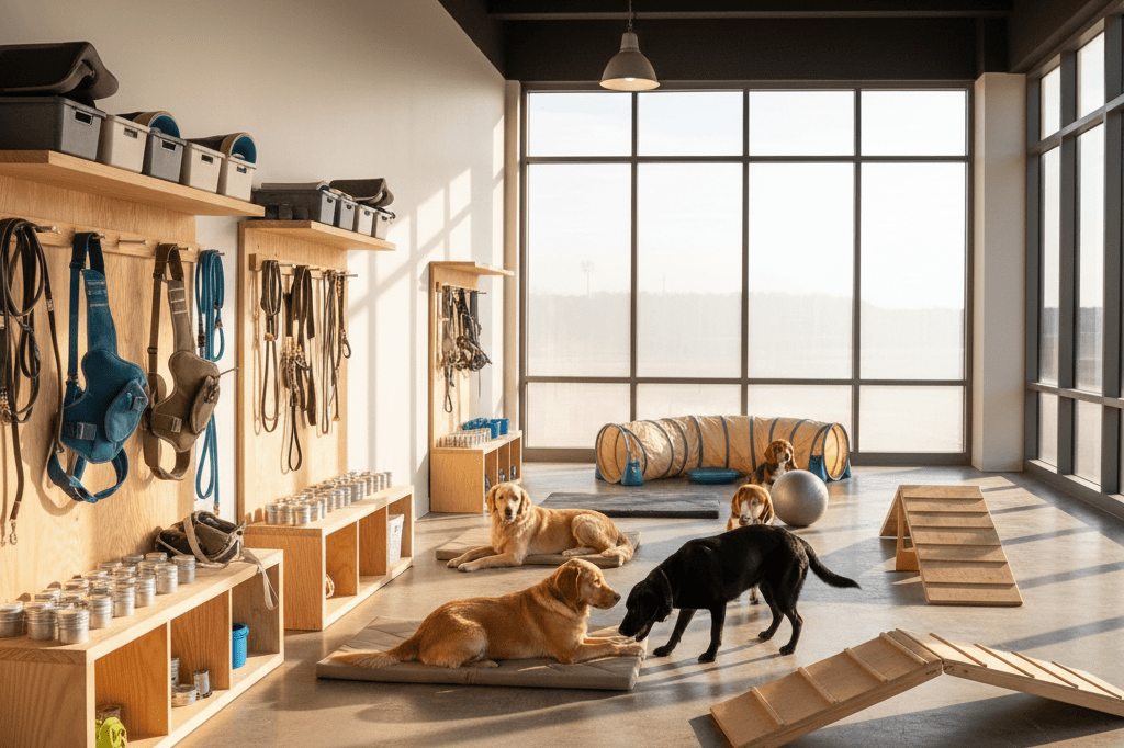 Wide shot of a service dog training area with harnesses, tools, and dogs under natural light, showcasing industry advancements
