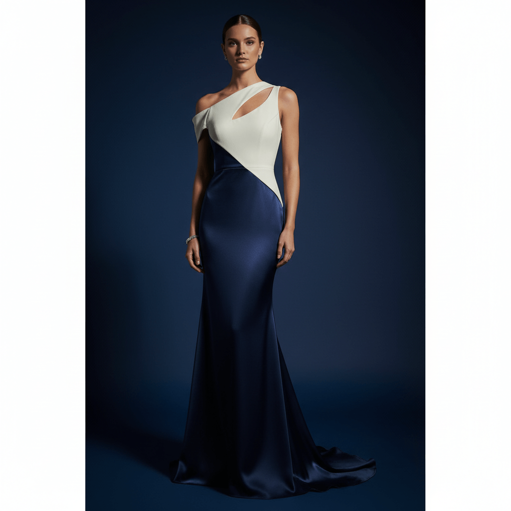 Sleek navy evening gown with asymmetrical cut-out and draped ivory fabric.