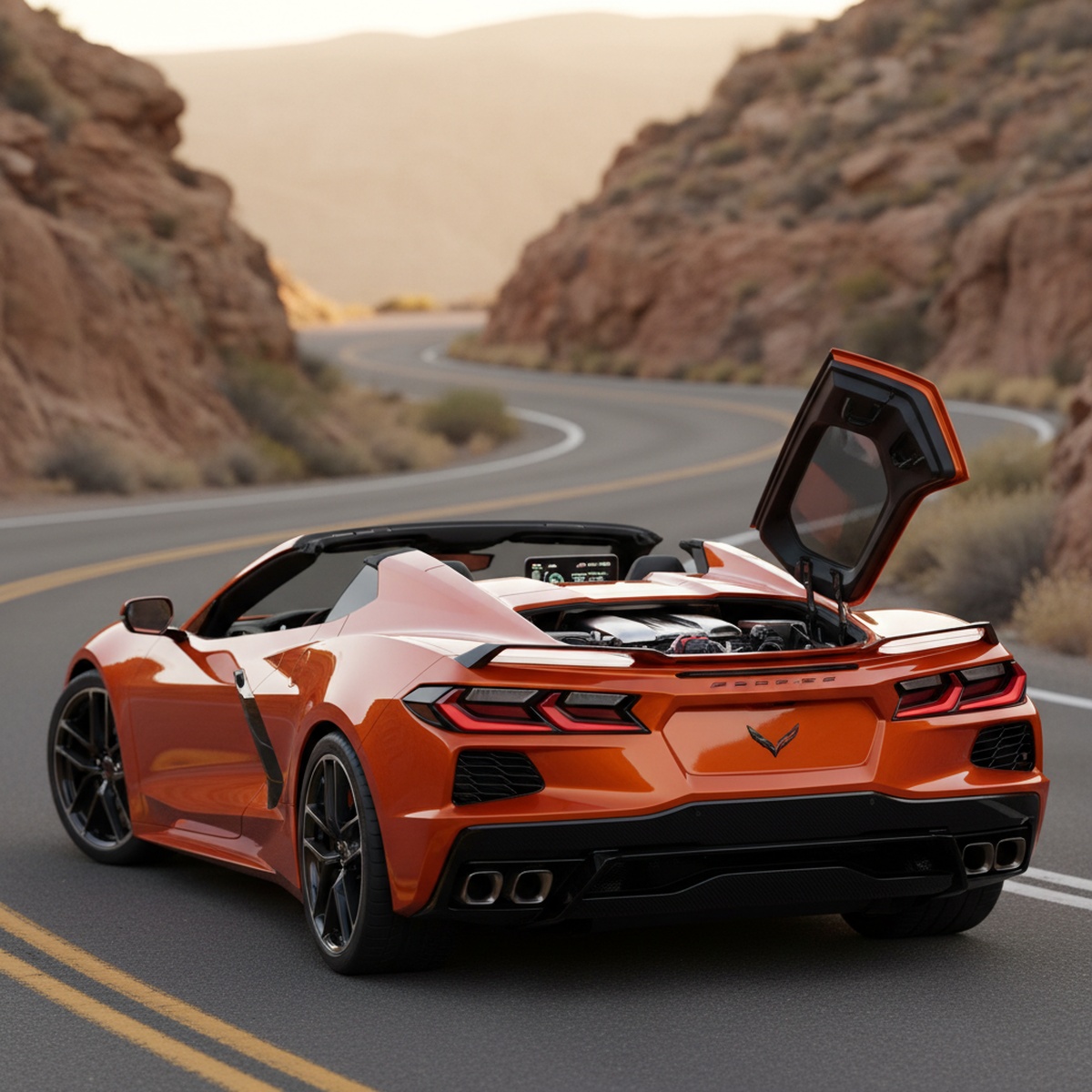 Sleek mid-engine sports car with fighter-jet curves on a winding canyon road.