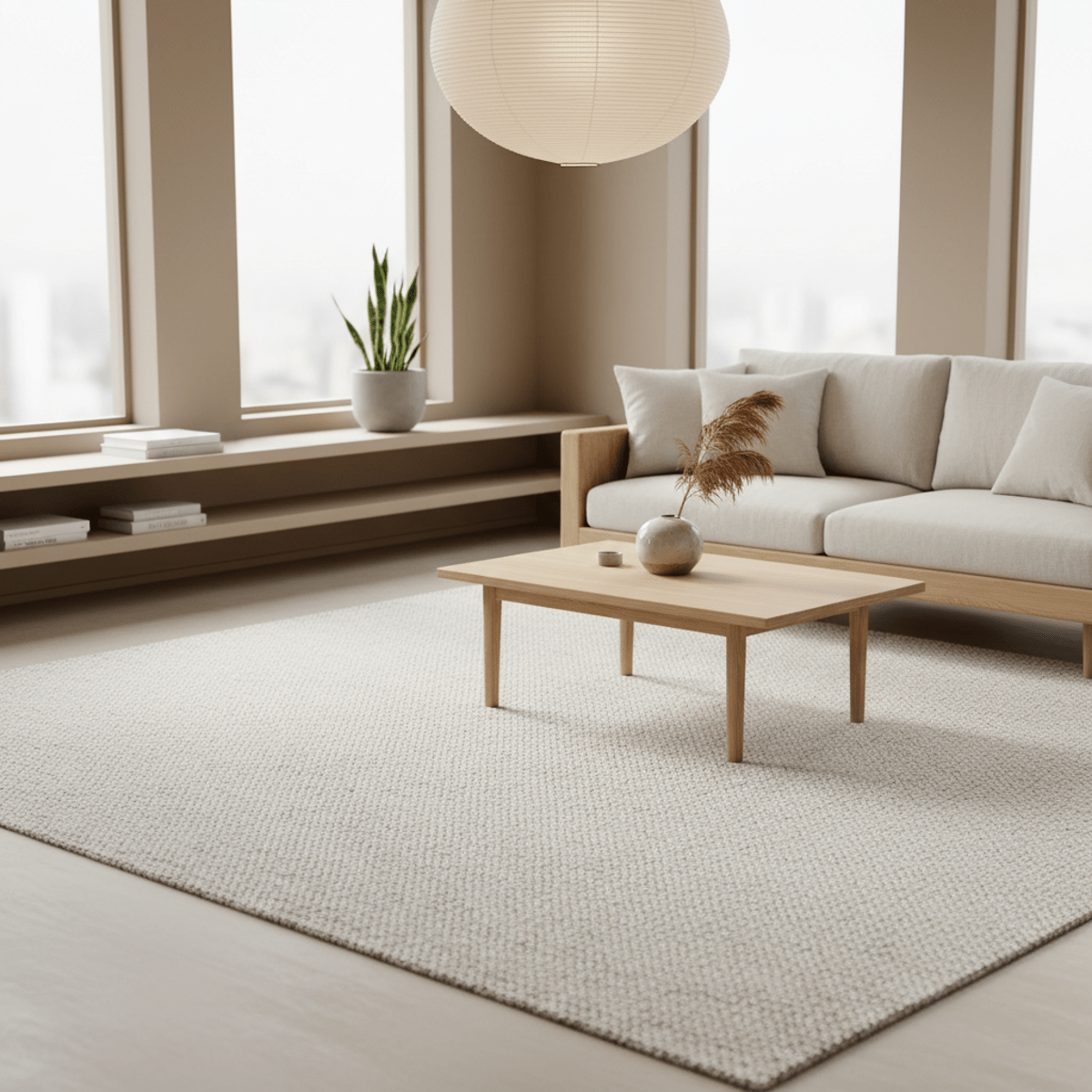 Minimalist Japandi living room with natural wool carpet and light oak furniture.