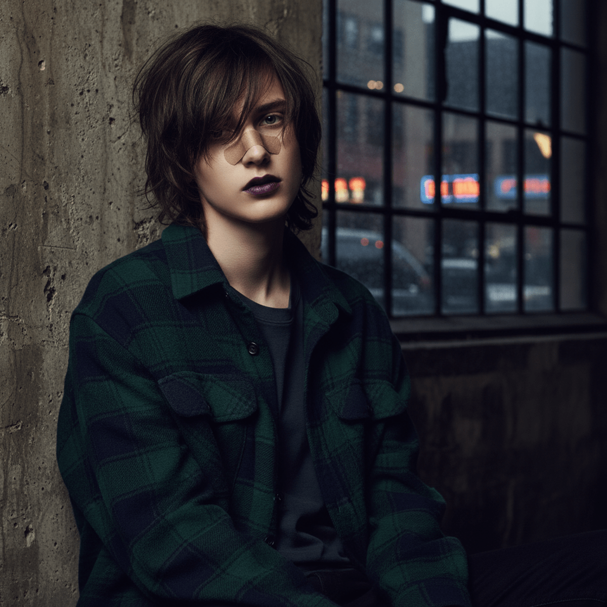 Model with plaid bandaid on nose, vintage flannel, urban backdrop, cinematic lighting.
