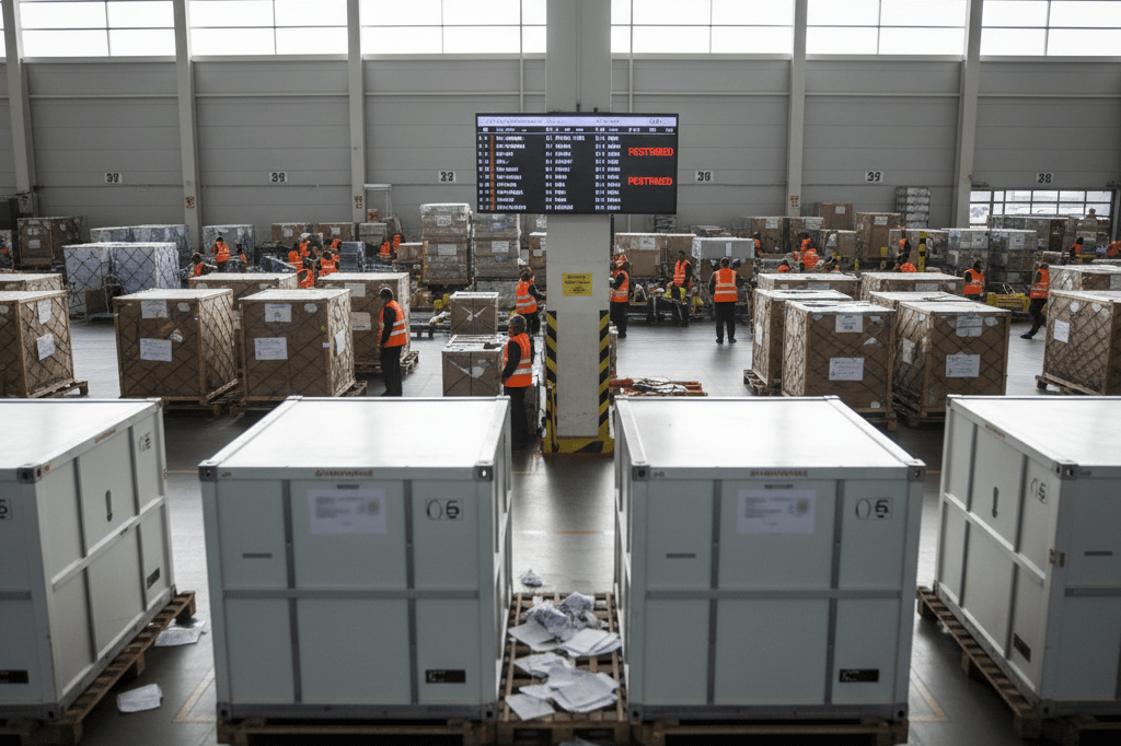 Wide shot of airport cargo zone with idle containers and signs of disrupted logistics under natural light