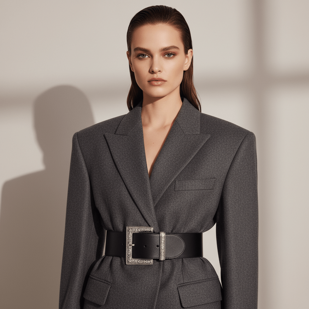 Model in 80s-inspired oversized blazer cinched by a wide leather belt with silver buckle.