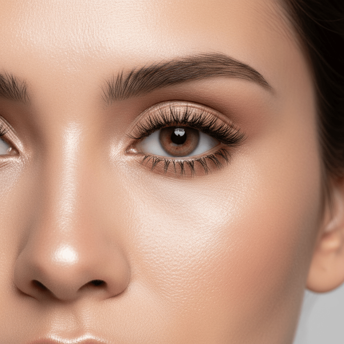 Woman's close-up portrait showcasing 2026-inspired doe eyes with unique lash placement.