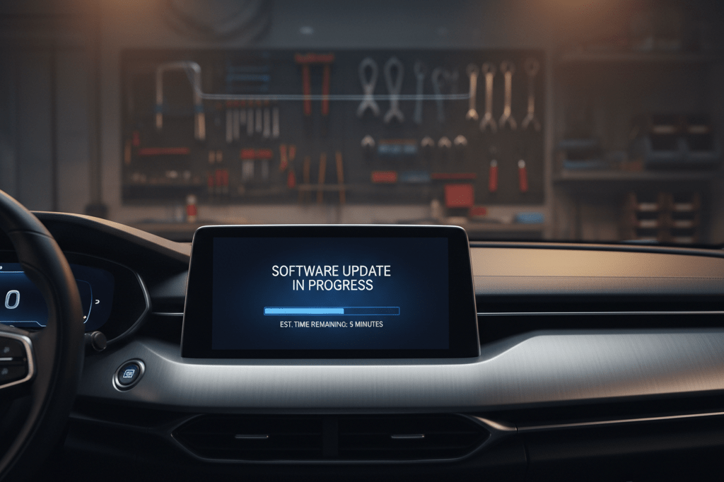 Car dashboard screen displaying generic software update loading bar under warm garage ambient light