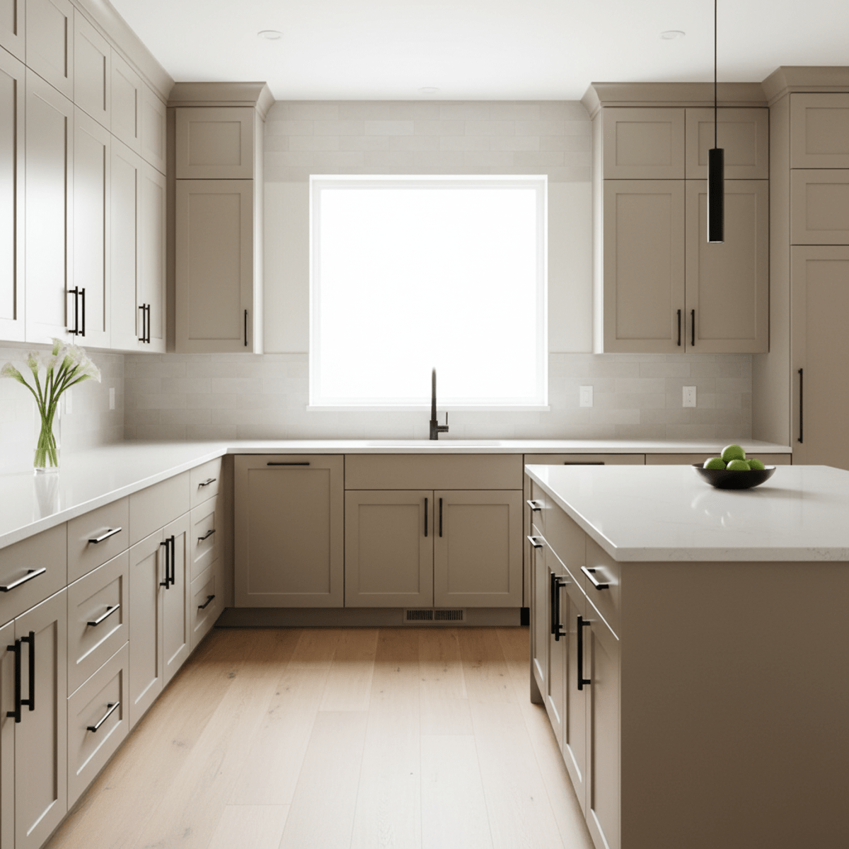 Modern kitchen featuring tan cabinets, white quartz countertops, and natural light.