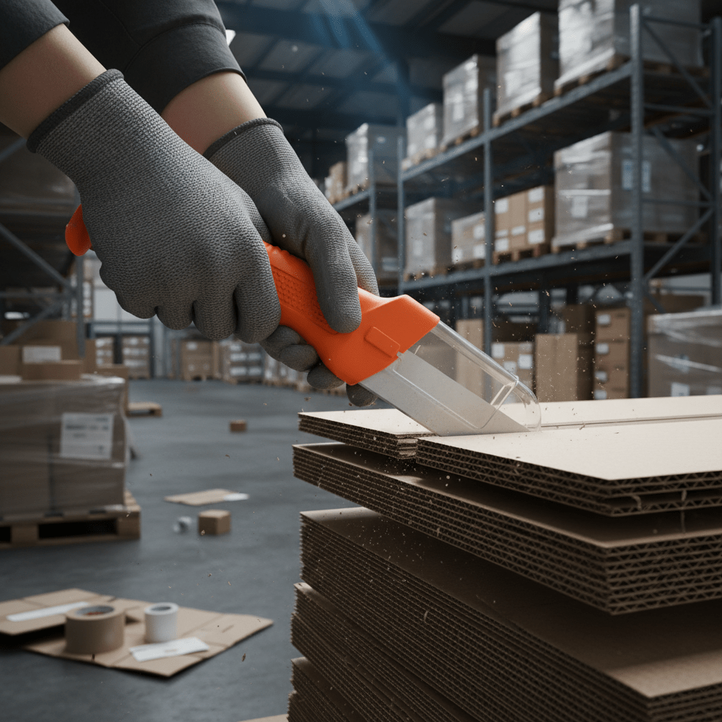 Gloved hands use a cardboard cutter with a ceramic blade on thick corrugated cardboard.