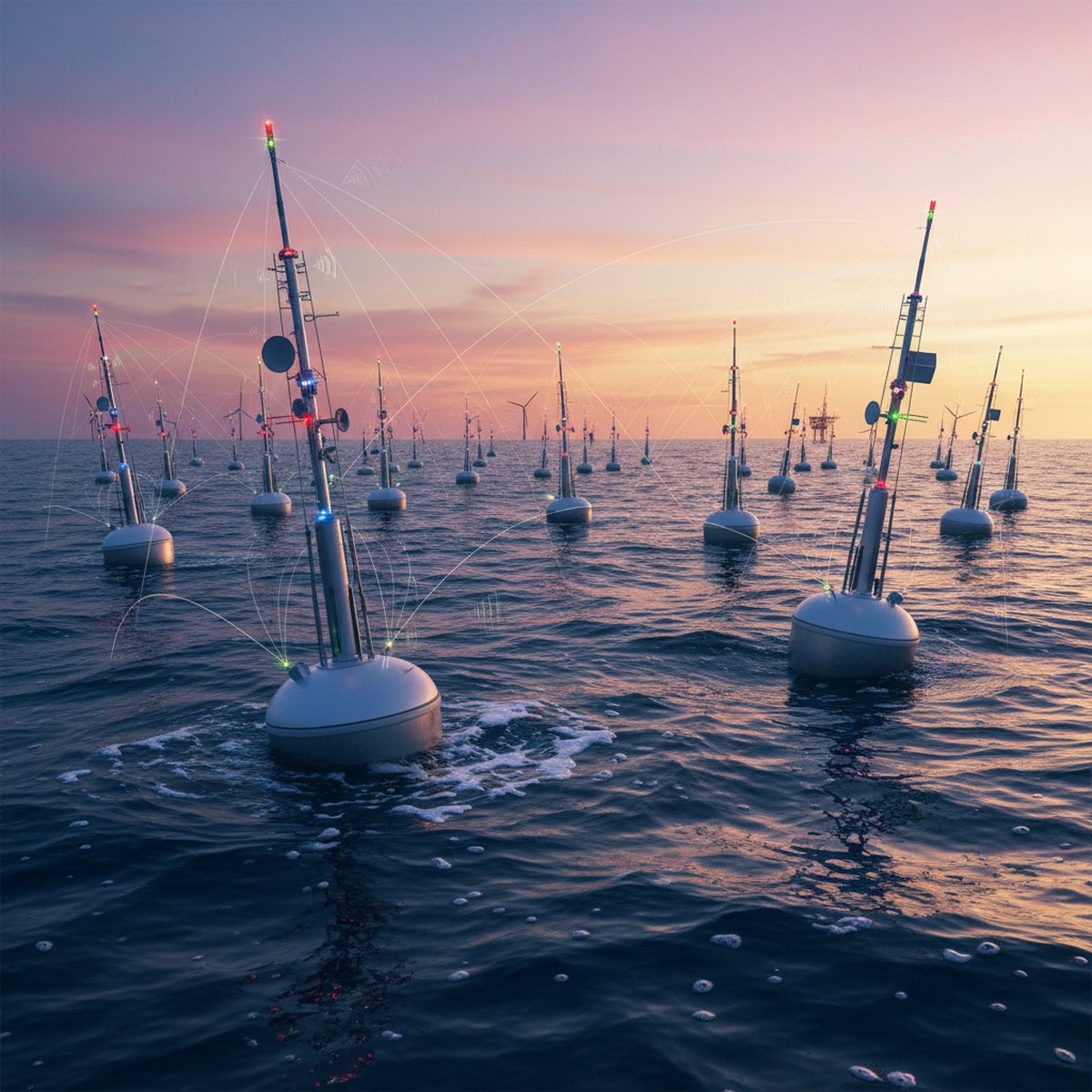 Advanced sensor buoys with radio masts on a calm sea at sunrise.