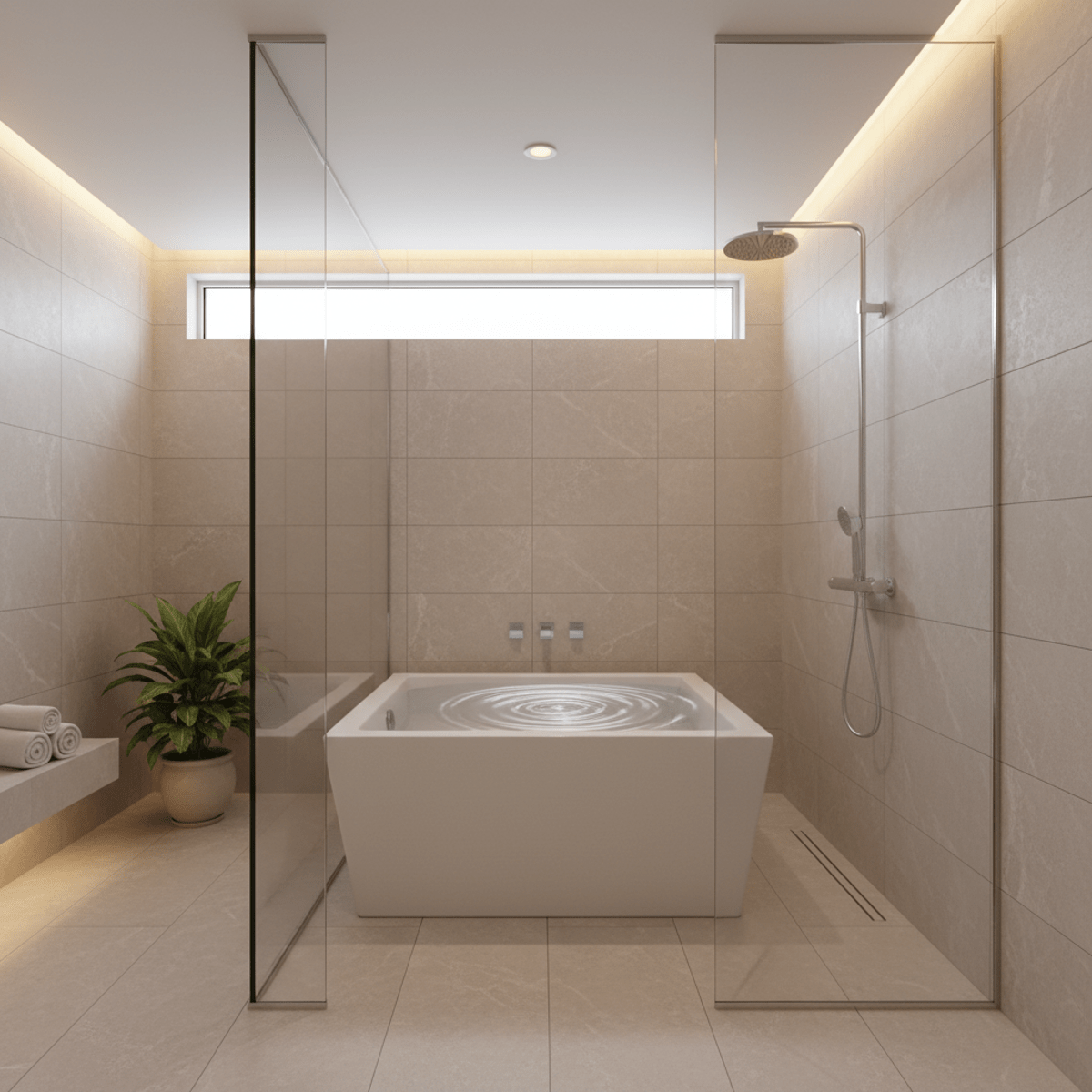 Compact soaking tub in a wet room with matte stone tiles and warm lighting.
