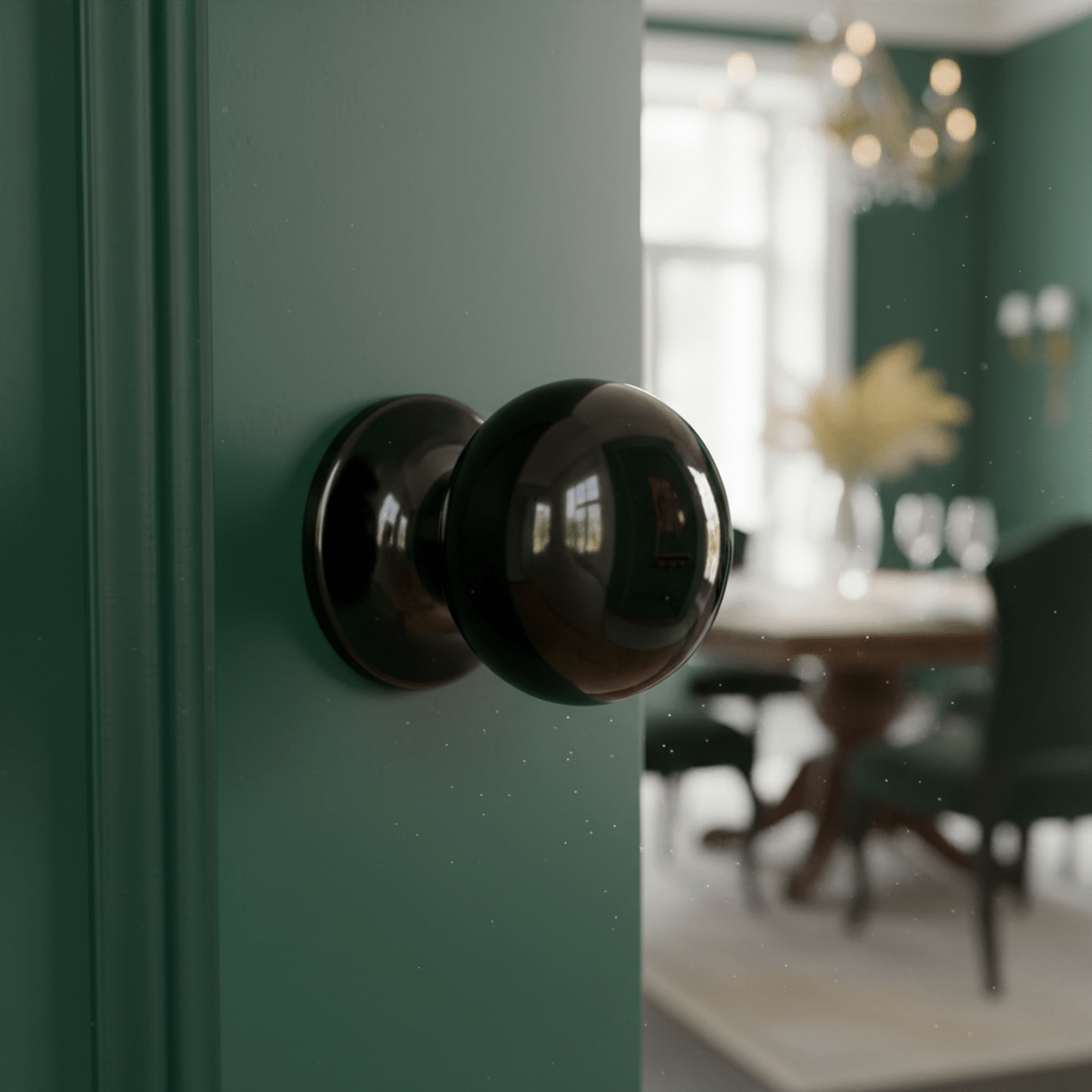 Luxurious high-gloss black door knob on a rich emerald interior door.