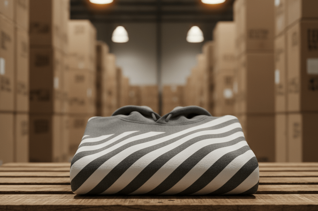 Folded luxury streetwear hoodie on wooden pallet in warehouse setting with warm ambient lighting
