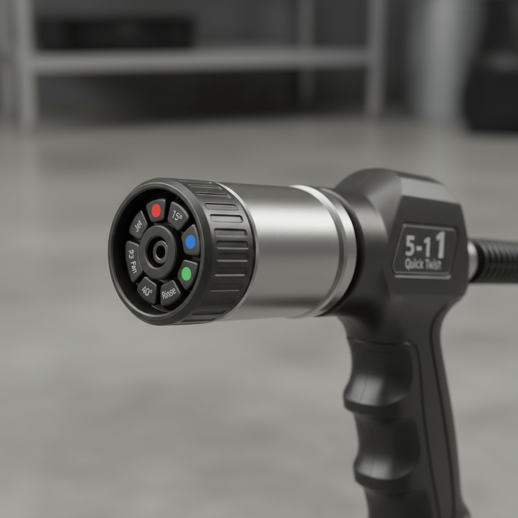 Close-up of a car pressure washer with a 5-in-1 nozzle and color-coded spray settings.