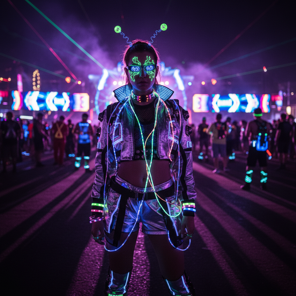 Model in neon-lit cyberpunk rave with glowing contacts and metallic clothing.
