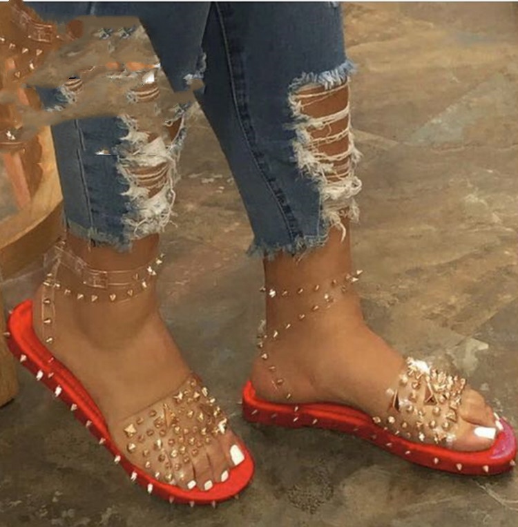 2020 New Arrival Women Open Toe Diamond Buckle Rivet Flat Sandals Casual Beach Flat Shoes Simple Flip Flops