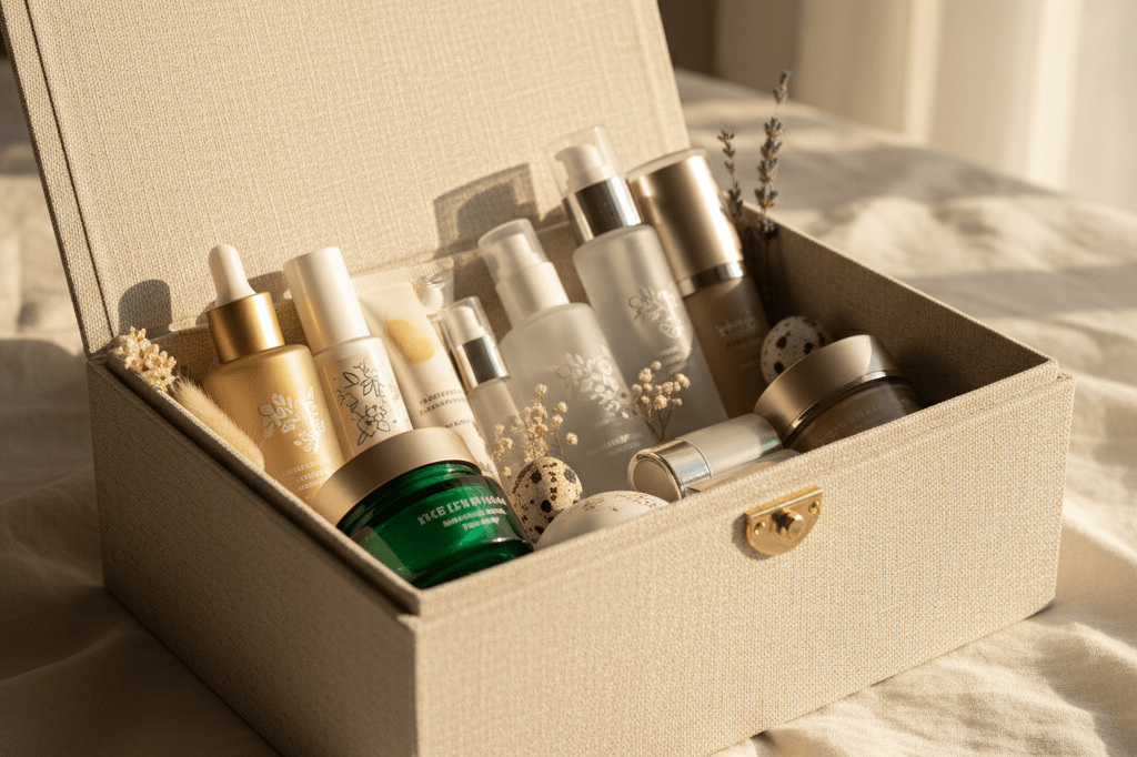 Close-up of open luxury beauty box with diverse cosmetics and spring flowers under warm natural light