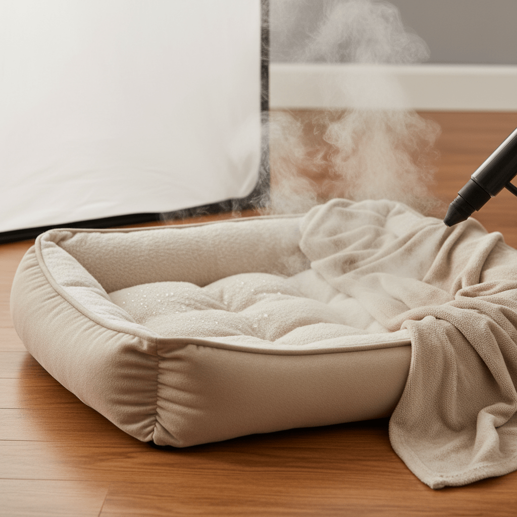 Bed bug steamer releasing steam on a plush pet bed with visible fabric texture.