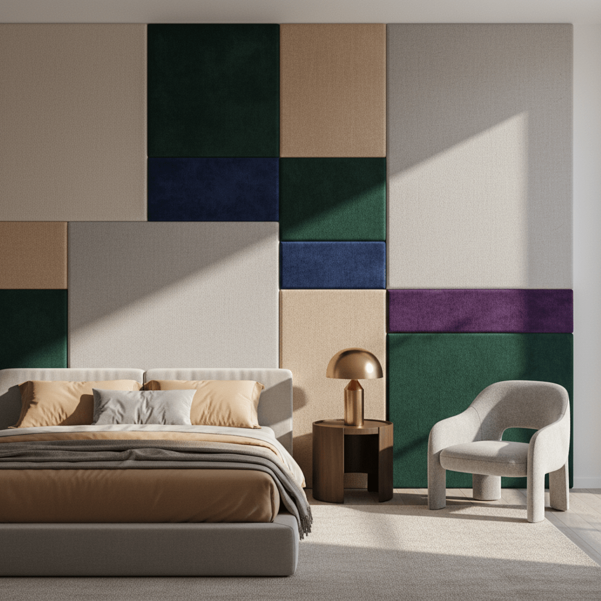 Geometric upholstered wall panels in jewel tones and neutrals. Luxurious bouclé and velvet wall panels in geometric blocks create a rich accent wall.