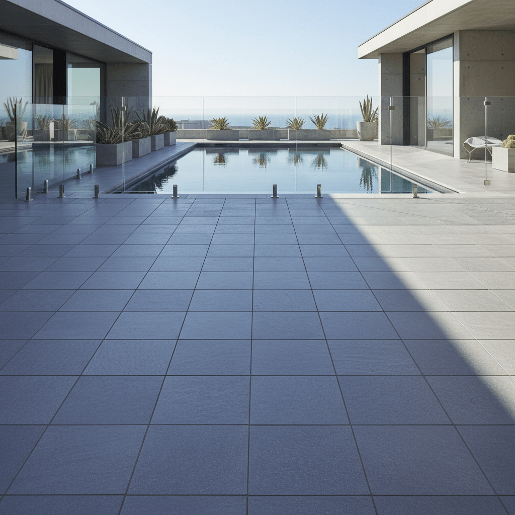 Contemporary luxury pool with cool grey bluestone pavers and seamless grout.