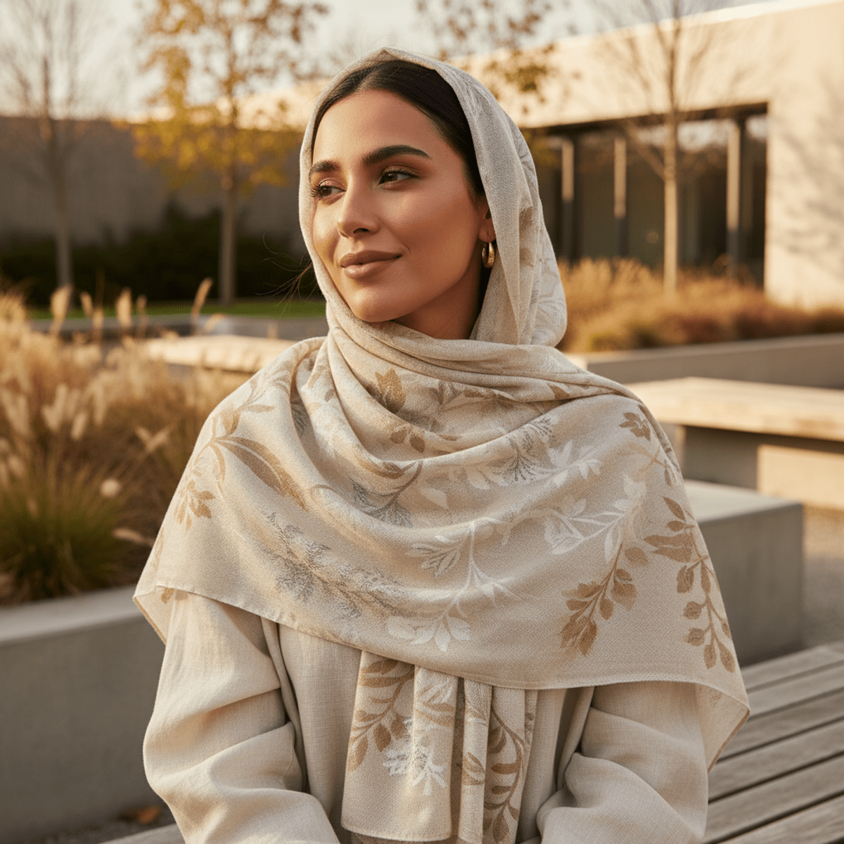 Elegant pashmina-modal hijab with subtle herringbone and jacquard patterns. Woman draped in a pashmina-modal blend hijab with herringbone and jacquard patterns.