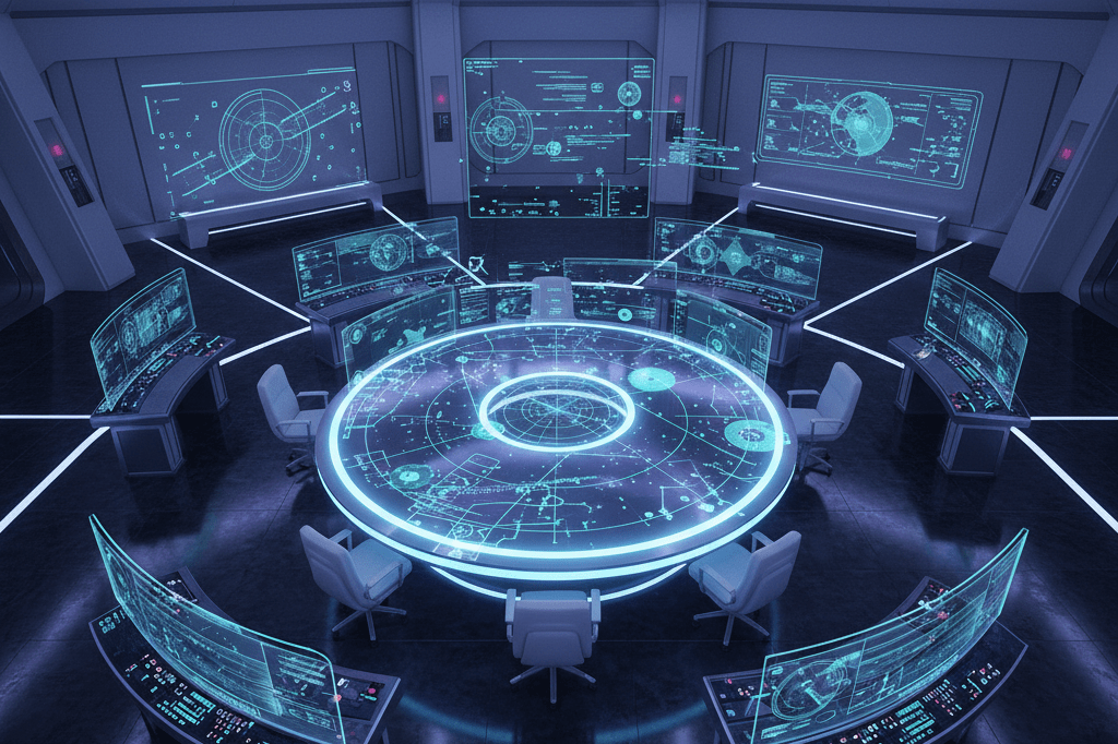Wide shot of a glowing futuristic command center with holograms, symbolizing adaptive leadership and crisis response capabilities.