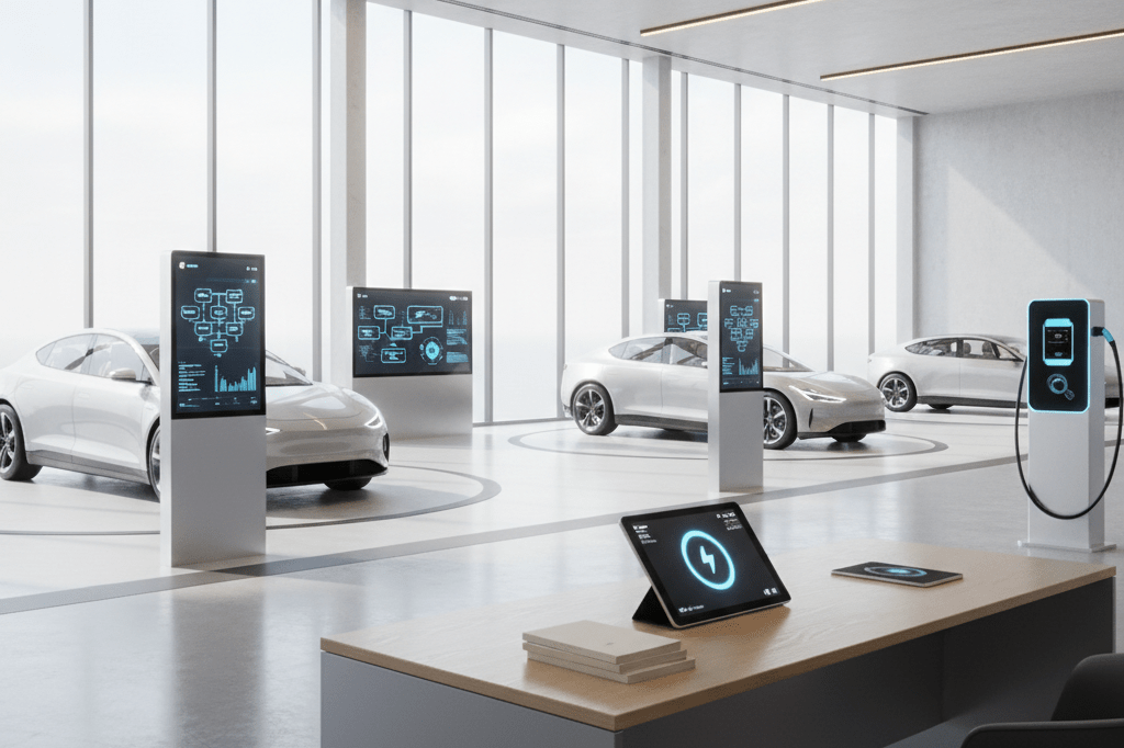 Interior of a contemporary electric vehicle showroom with digital kiosks and charging stations under natural light