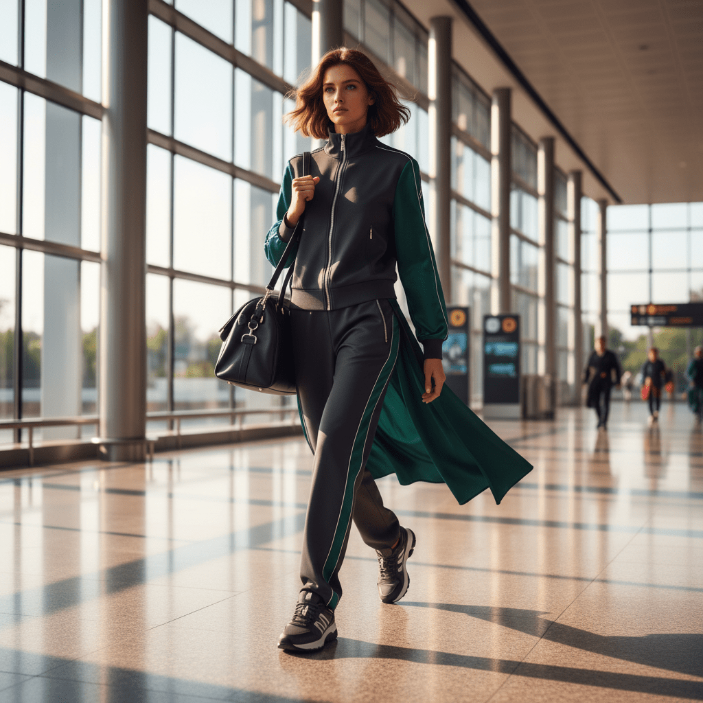 Model in a sleek airport terminal wearing a futuristic tracksuit with silk accents.
