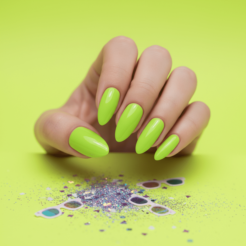 Close-up of hyper-vivid cyber lime nails with holographic props and neon gradients.
