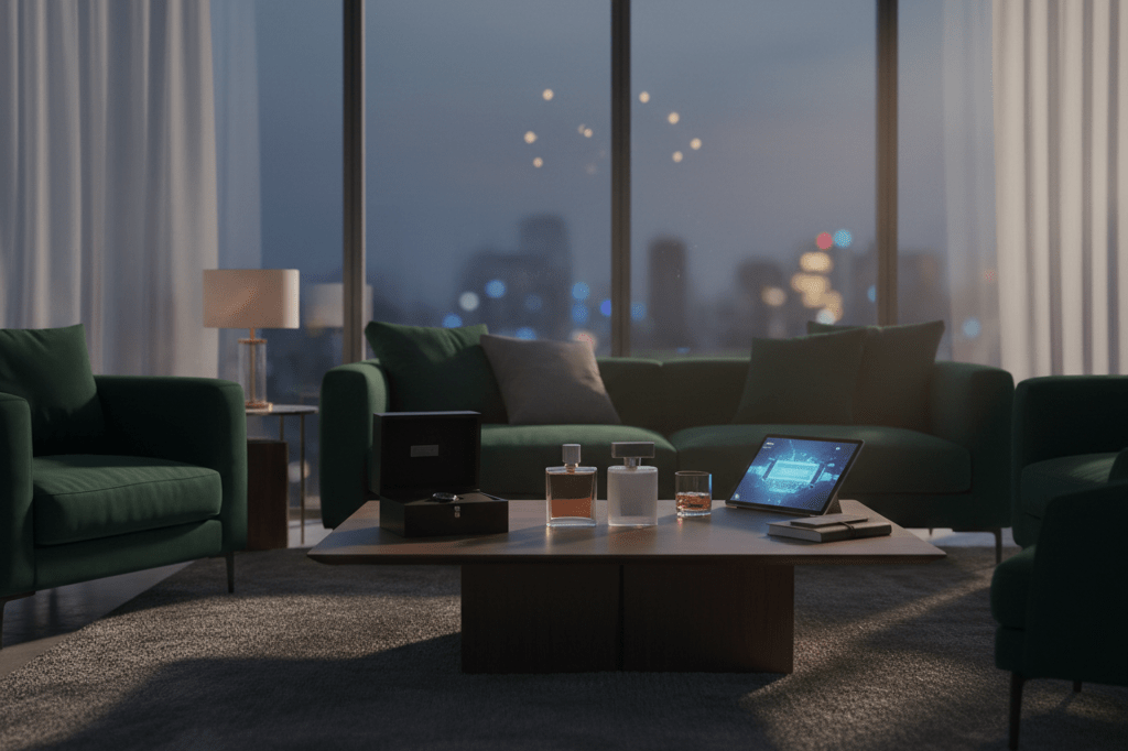 Artful arrangement of luxury items on a coffee table under warm ambient lighting, evoking thriller-driven retail marketing tactics