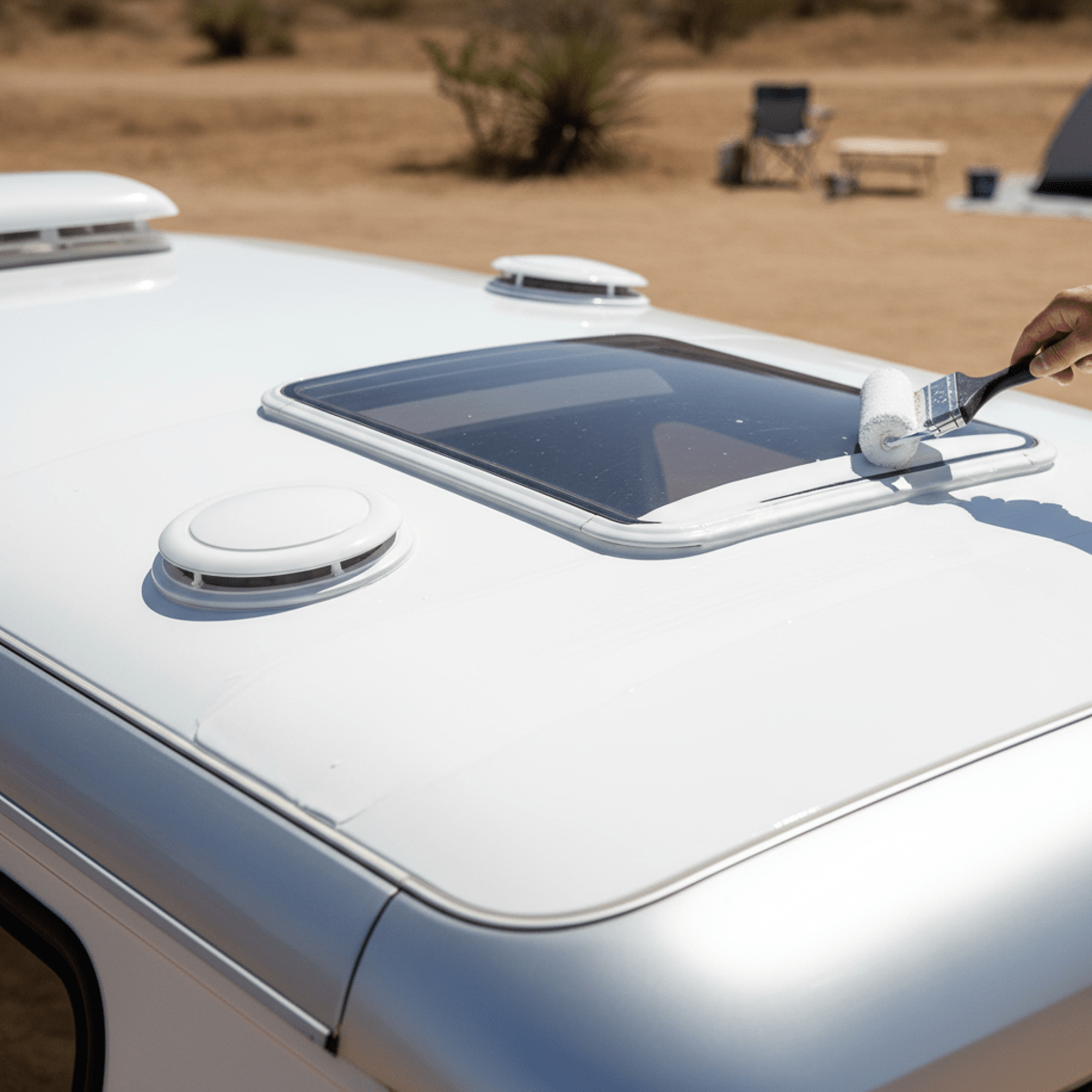 Close-up of a camper van roof being coated with smooth, white solar-reflective elastomeric material.