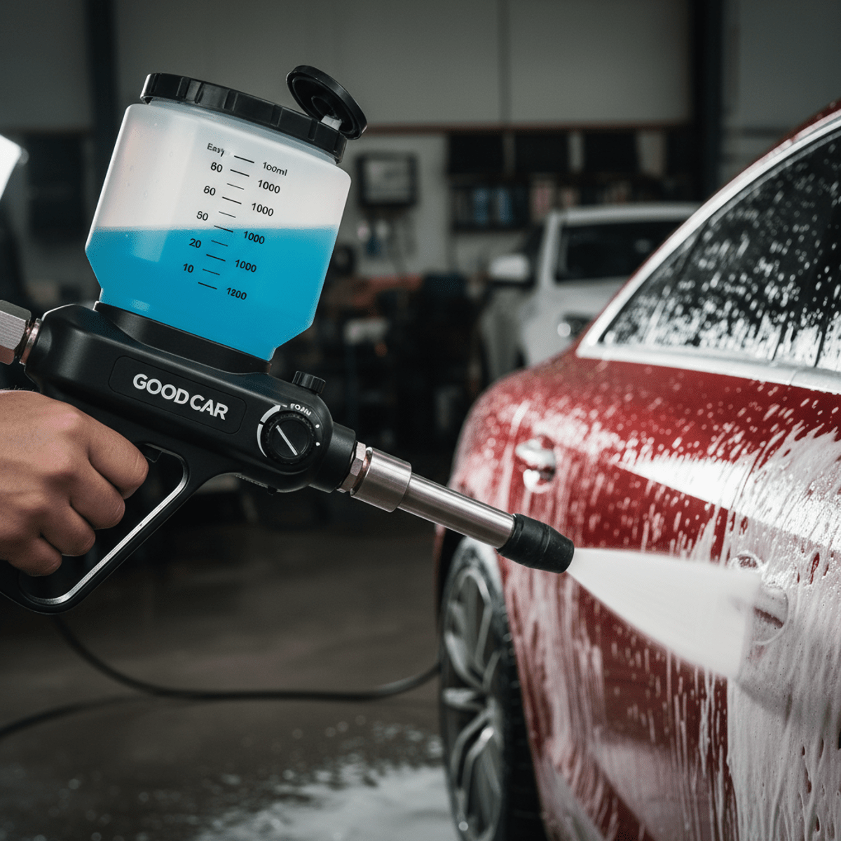 Close-up of car being foamed with a pressure washer, showing rich white foam.