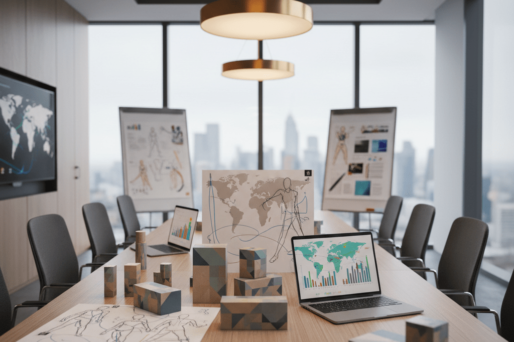 Branded products, storyboards, and analytics displayed on a conference table under natural light, symbolizing strategic marketing