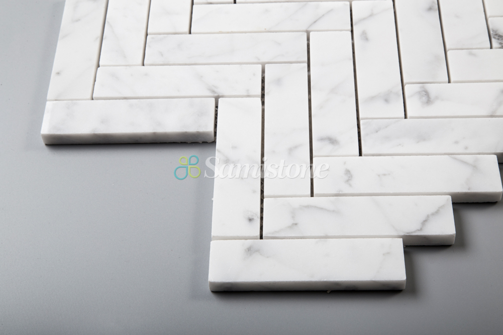 Samistone 1"x4" White Carrara Marble Tile Mosaic Herringbone Mosaic Bathroom Floor Tile
