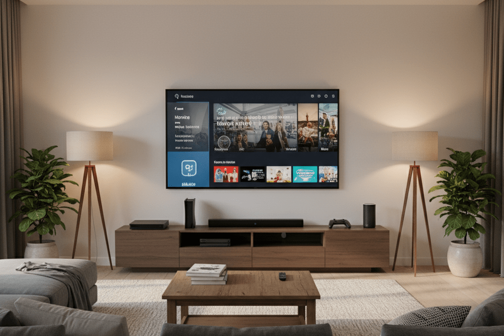 Wide shot of a stylish living room with smart TV and ambient lighting highlighting streaming platform options
