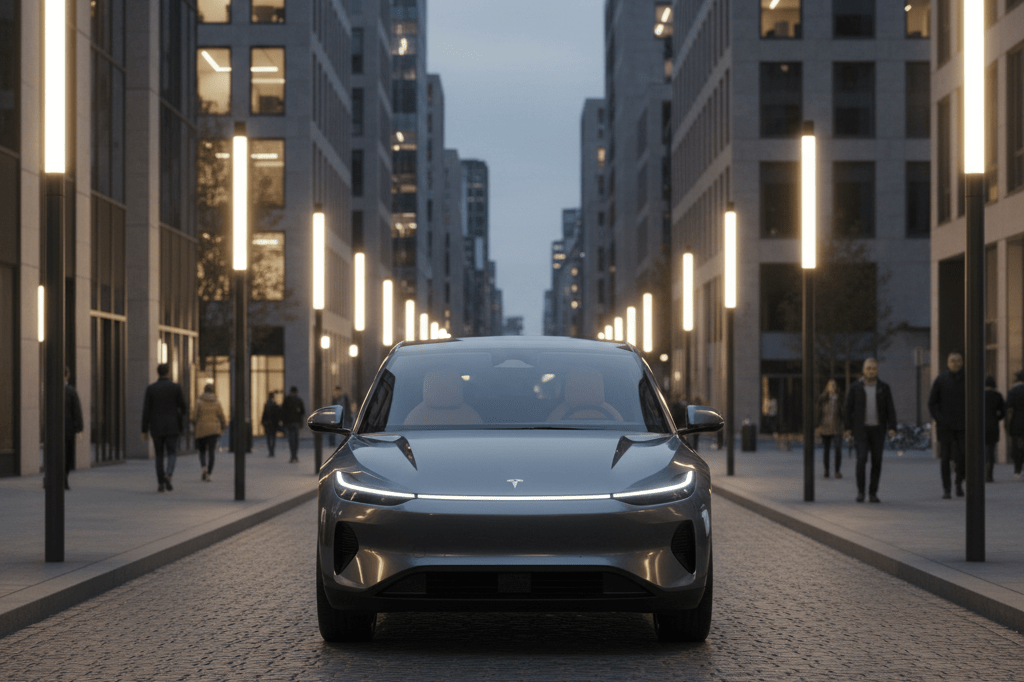 Modern luxury SUV with sleek frameless handles and glass roof in urban setting at dusk, reflecting reductionist design trends