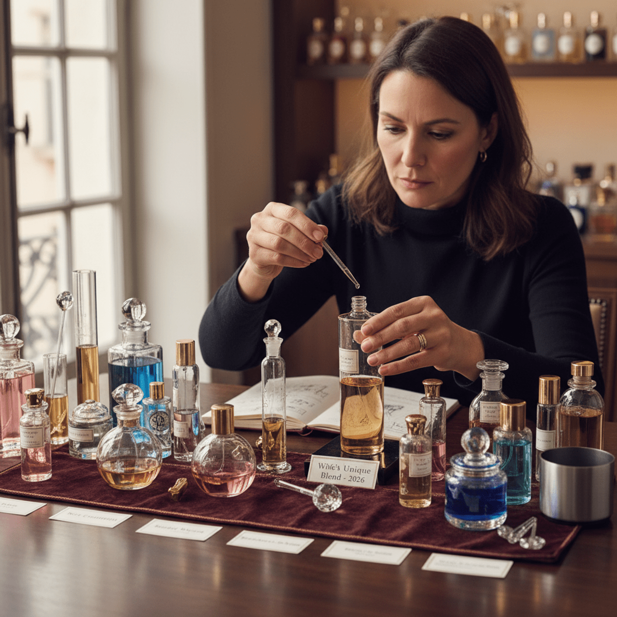 Master perfumer meticulously blending essential oils for a custom perfume gift.