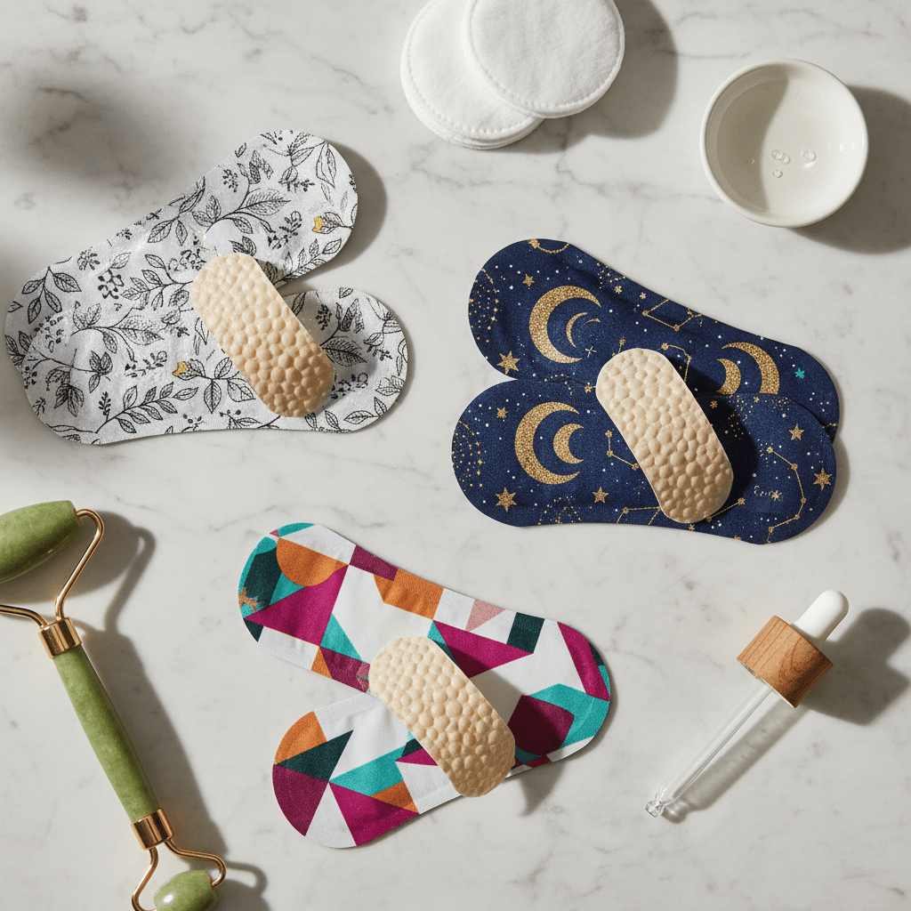 Overhead flat lay of decorative nose strips with botanical and celestial patterns on marble.