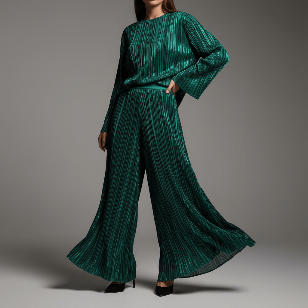 Model in emerald green plissé palazzo pants and matching top showcasing fluid texture.