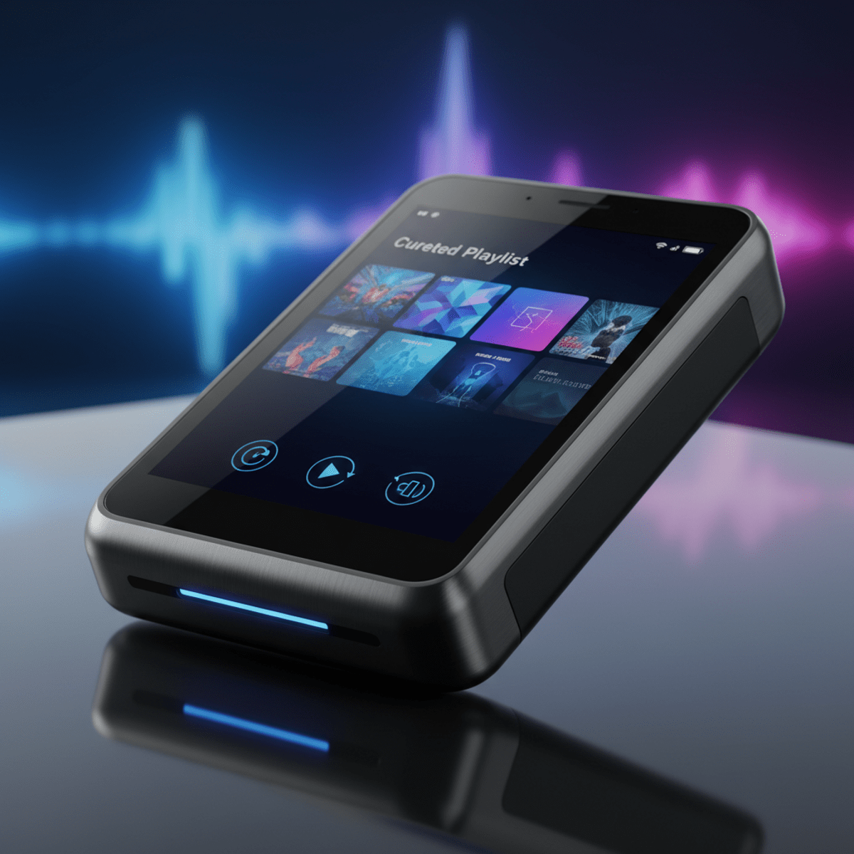 Sleek, modern mp3 player with touchscreen and gesture controls on glass.
