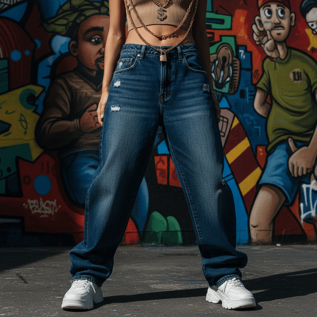 Baggy indigo denim jeans with distressed details and puddle hems over chunky sneakers.