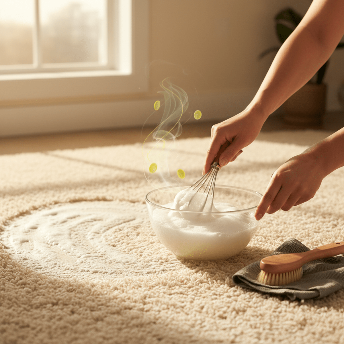 Hands whisking natural soap and essential oils into foam for cleaning.
