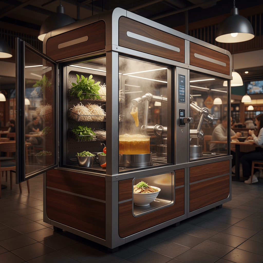 Automated pho vending machine with fresh ingredients in a warm, modern food court.