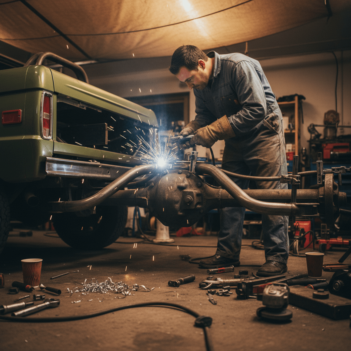 Mechanic installs vintage 4x4 four link suspension with precision-cut steel brackets.