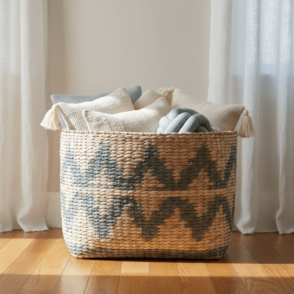 Oversized hand-woven seagrass and rattan storage box with geometric patterns.