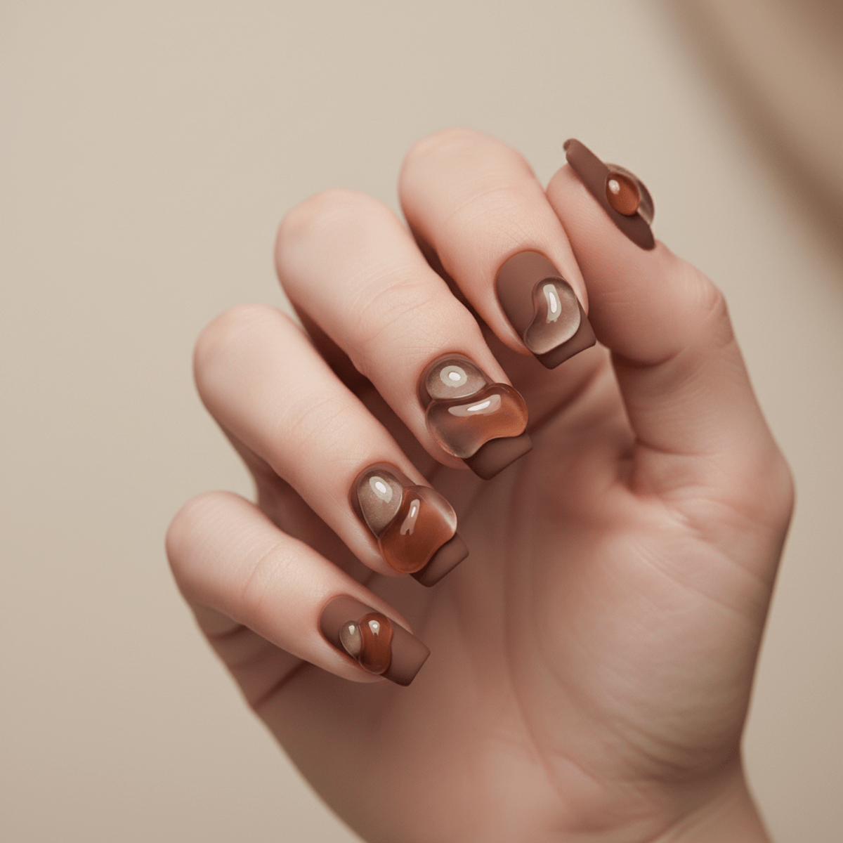Avant-garde mocha mousse nails with matte and glossy 3D sculptural blobs.