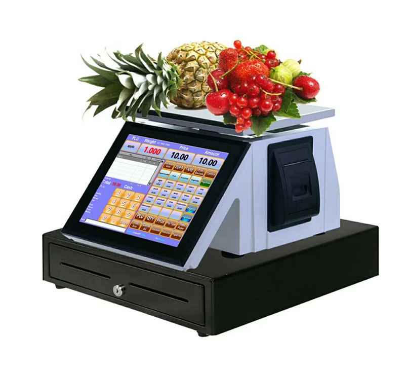 Plug and play 12.1" touch Cash register scale for sale with thermal printer, OS, Software,3.5inch customer display,weigh
