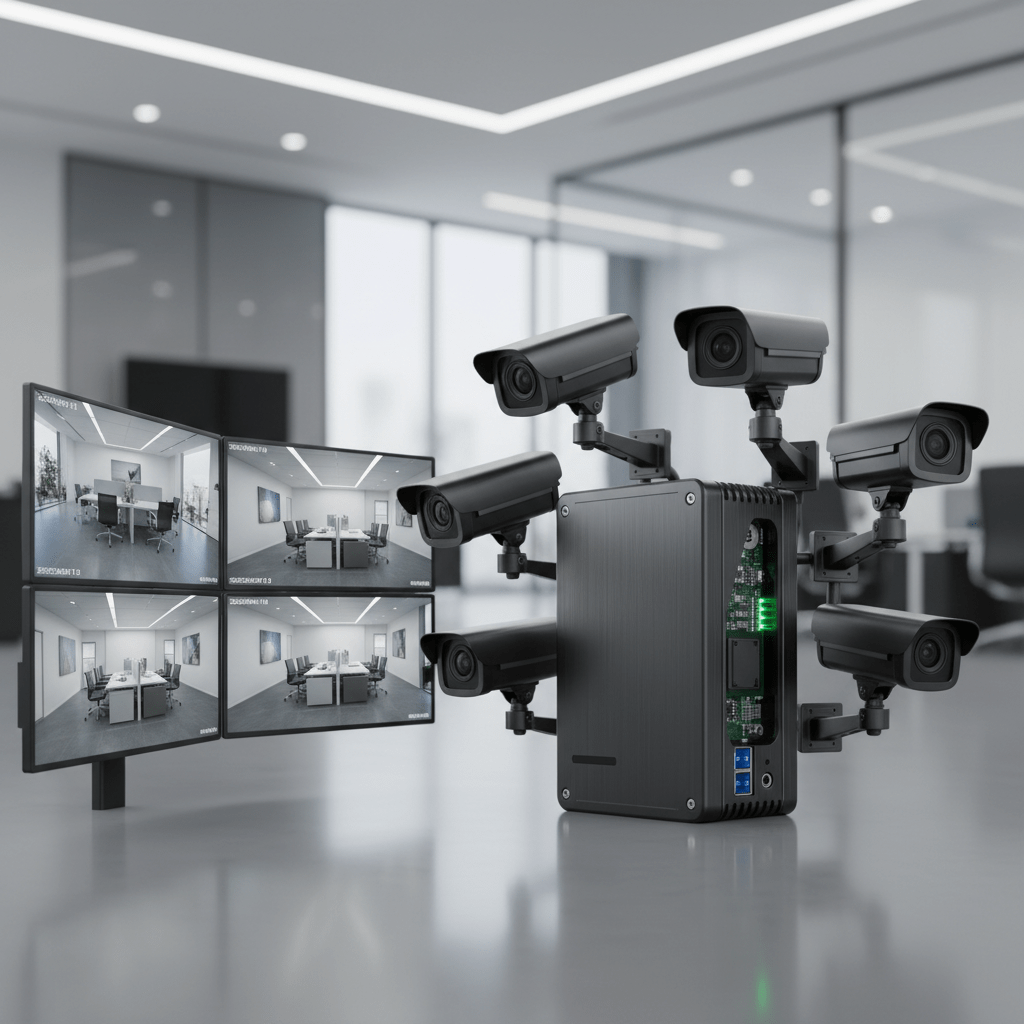 Sleek single board PC powers a modern security system with HD cameras in a corporate office.