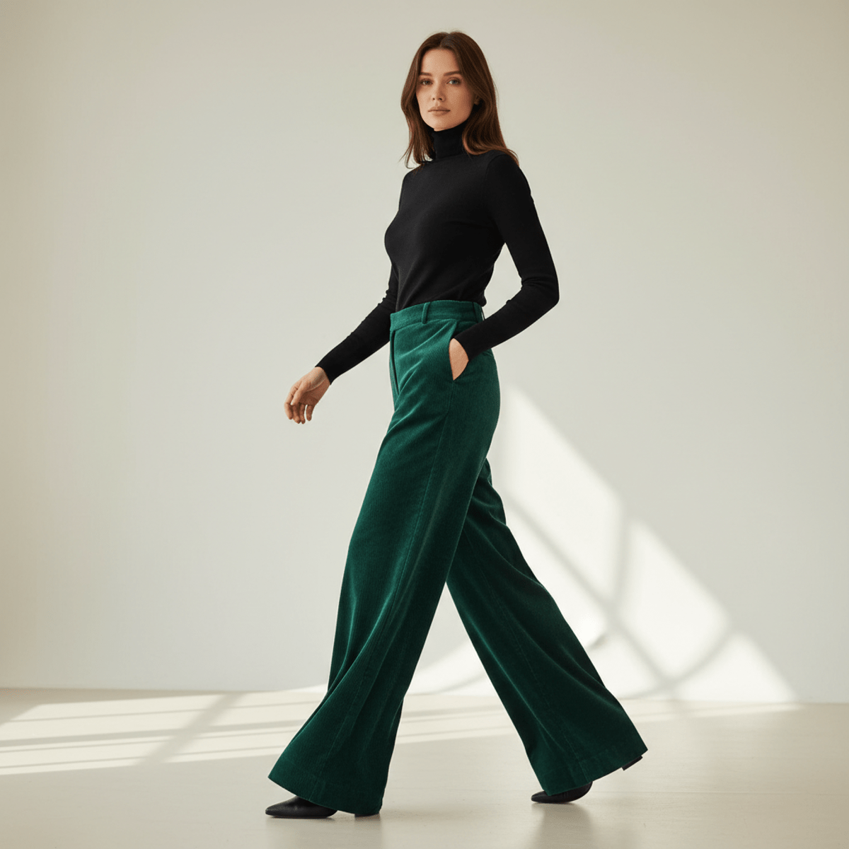 Woman in 2026 fashion wears flowing emerald green corduroy pants with a black turtleneck.