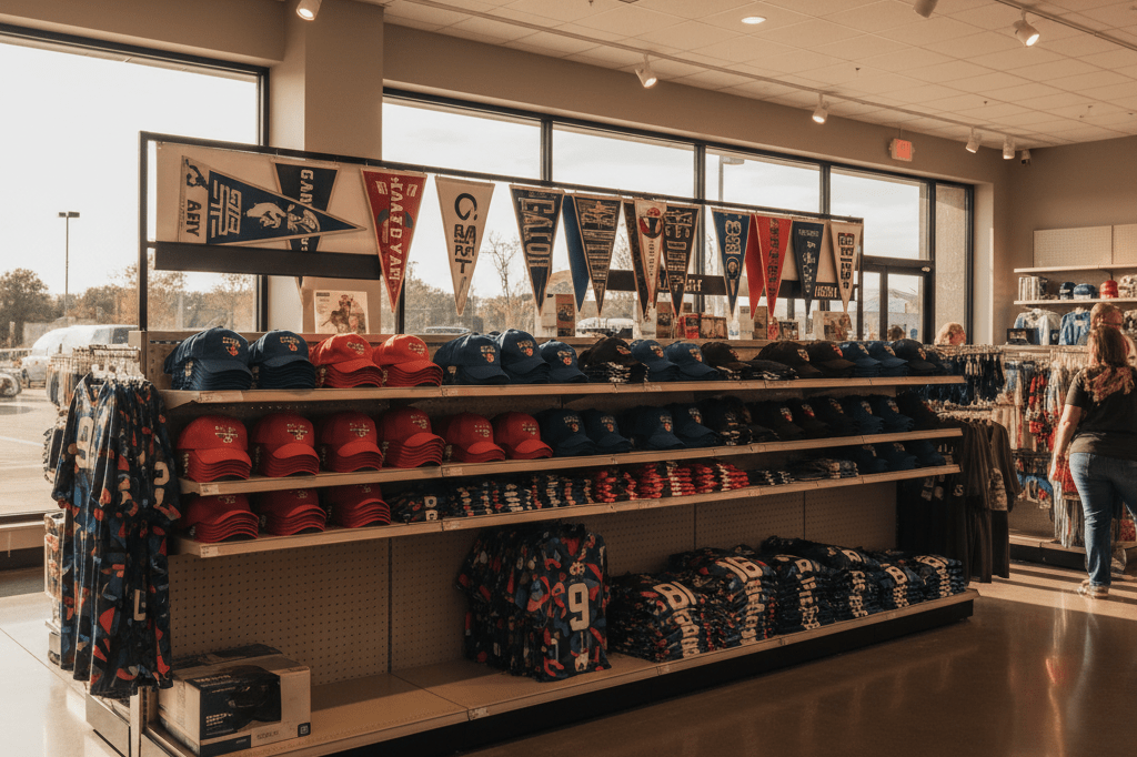 Retail display of sports memorabilia honoring cultural legacy Shelf filled with generic sports items like caps and jerseys under warm ambient light, reflecting respectful tribute commerce
