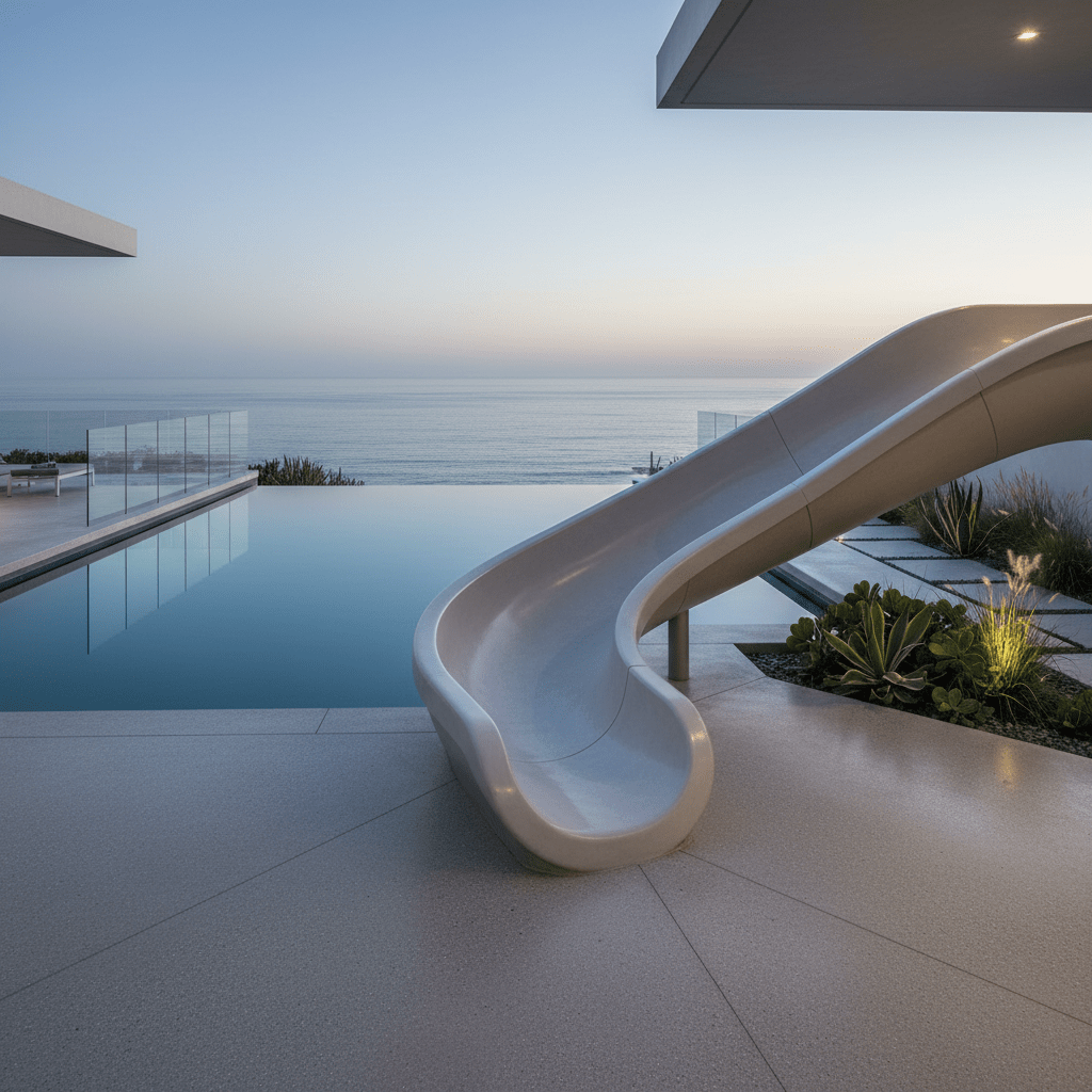 Sleek inground pool slide curves from concrete deck to infinity pool.