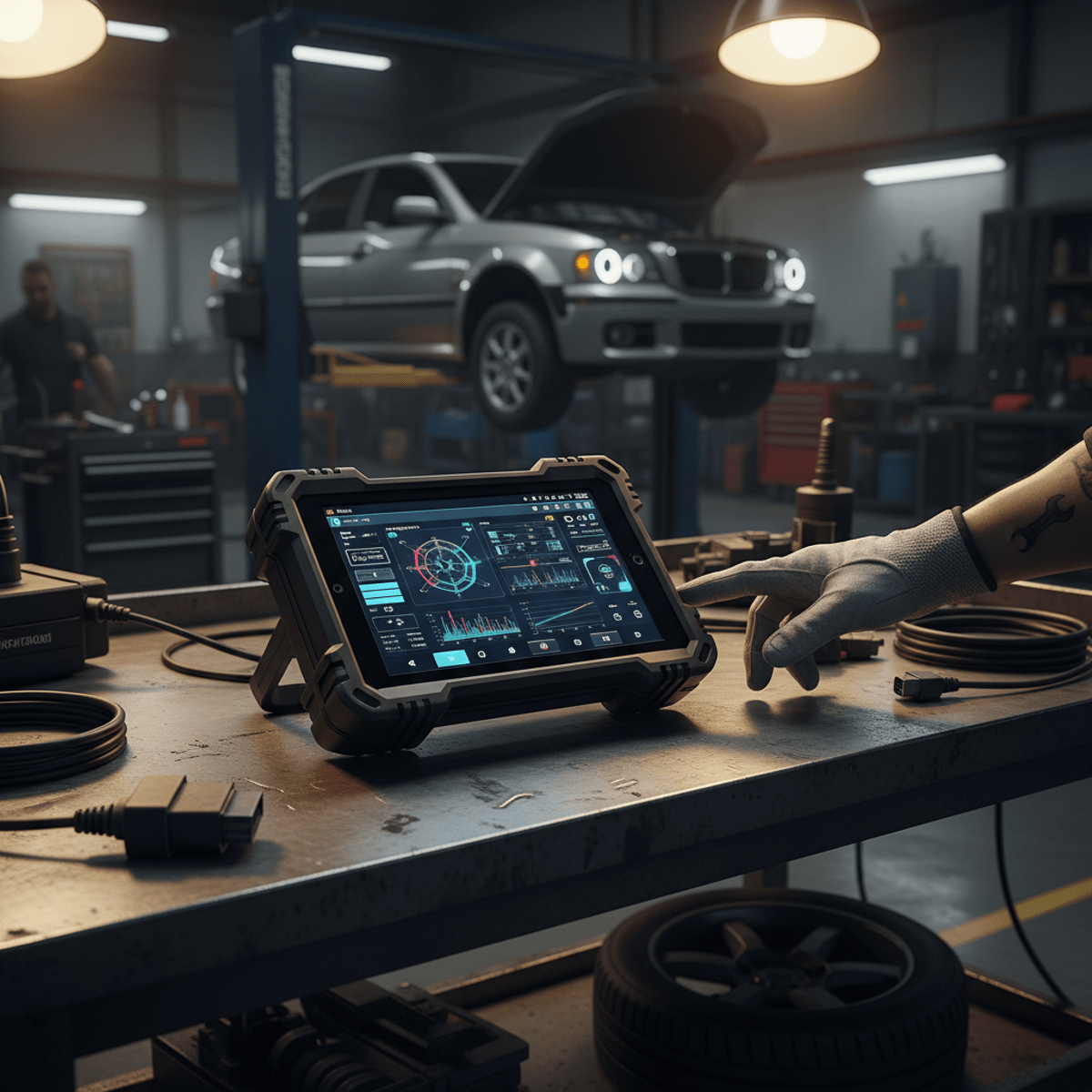 Rugged OBD scanner with touchscreen on a steel table in a busy auto garage.